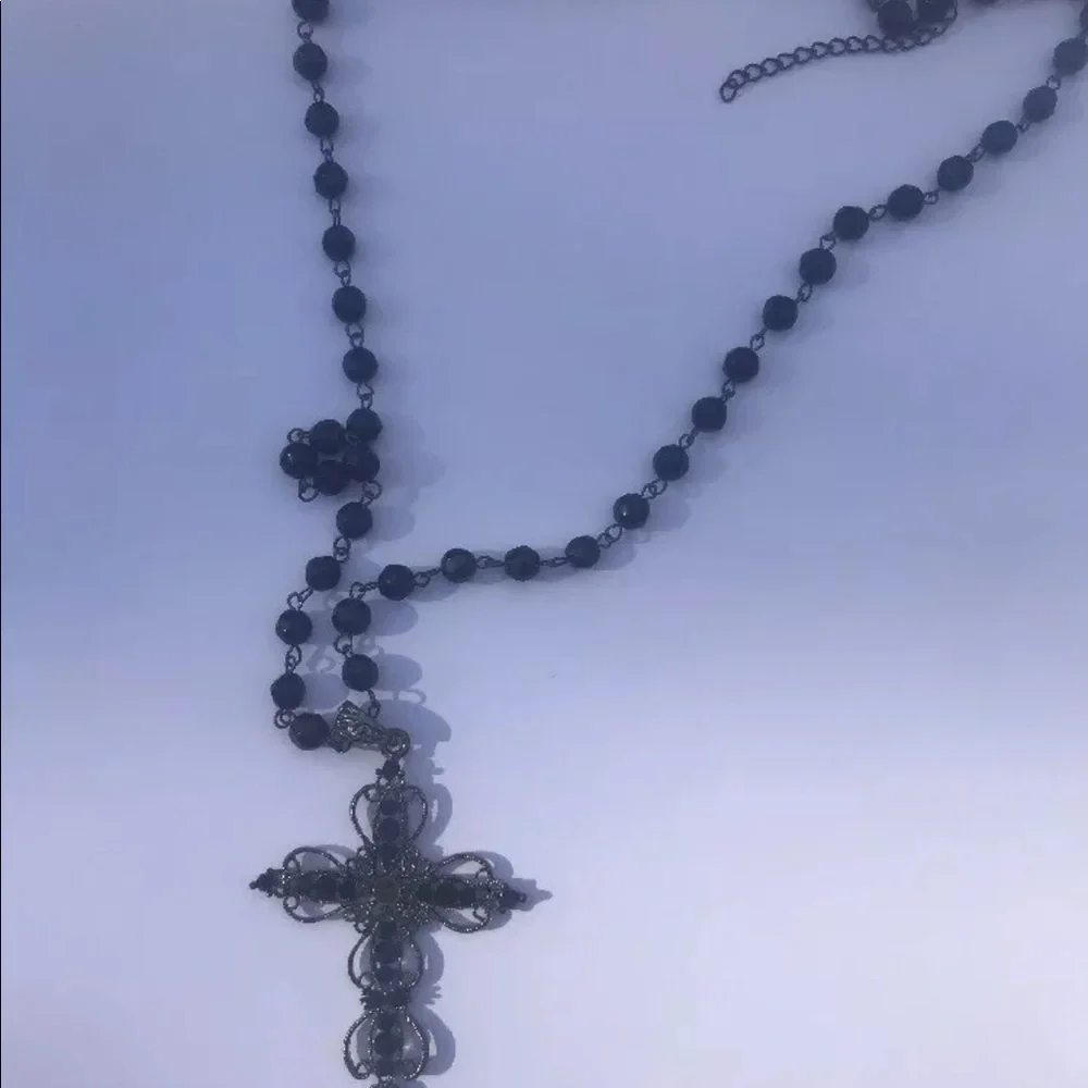 Cross necklace black beads Long rosary‎ style